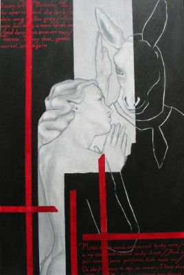 Acrylbild einer weiblichen Figur und eines Esels vor roten und schwarzen Strukturen, inspiriert durch Shakespeares Sommernachtstraum